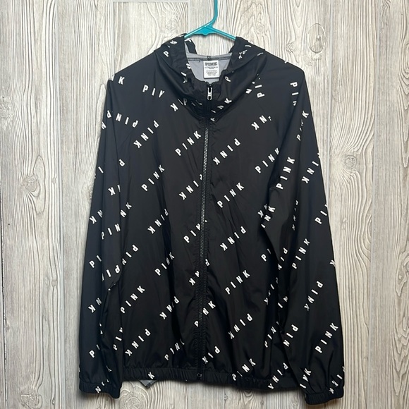 Women's Black Logo Hooded Pink Victorias Secret Windbreaker Size M/L - Picture 1 of 4